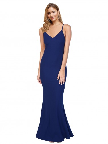 Best Sleeveless Open Back Long V-Neck Sheath Stretch Crepe Evening Dress UK