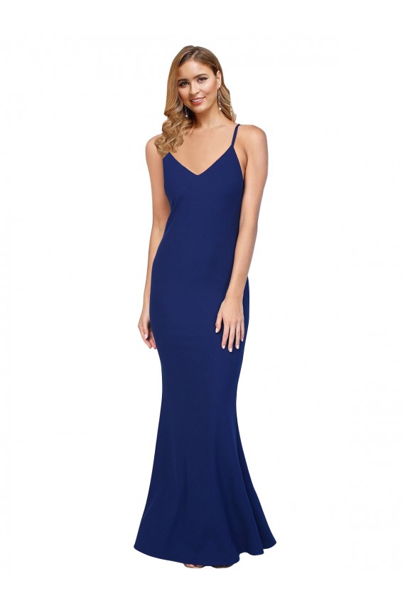 Best Sleeveless Open Back Long V-Neck Sheath Stretch Crepe Evening Dress UK