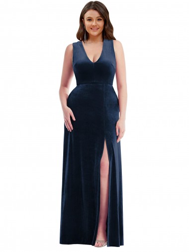 Best Sleeveless Long V-Neck Sheath Stretch Velvet Maxi Evening Dress UK