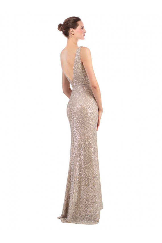 Best Sleeveless V-Back Long V-Neck Sheath Sparkling Sequin Evening Dress UK