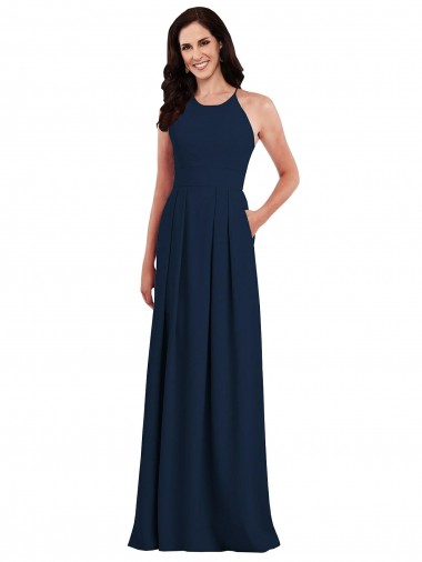 Best Sleeveless Open Back Long Halter Neck Trumpet Dark Navy Semi Formal Evening Dress UK