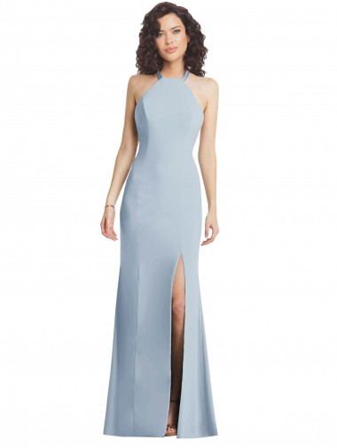 Best Sleeveless Open Back Long High Neck Trumpet Light Sky Blue Maxi Evening Dress UK