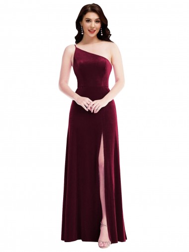 Best Sleeveless Long One Shoulder Trumpet Stretch Velvet Maxi Evening Dress UK