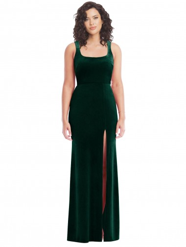 Best Sleeveless Long Square Neck Trumpet Stretch Velvet Maxi Evening Dress UK